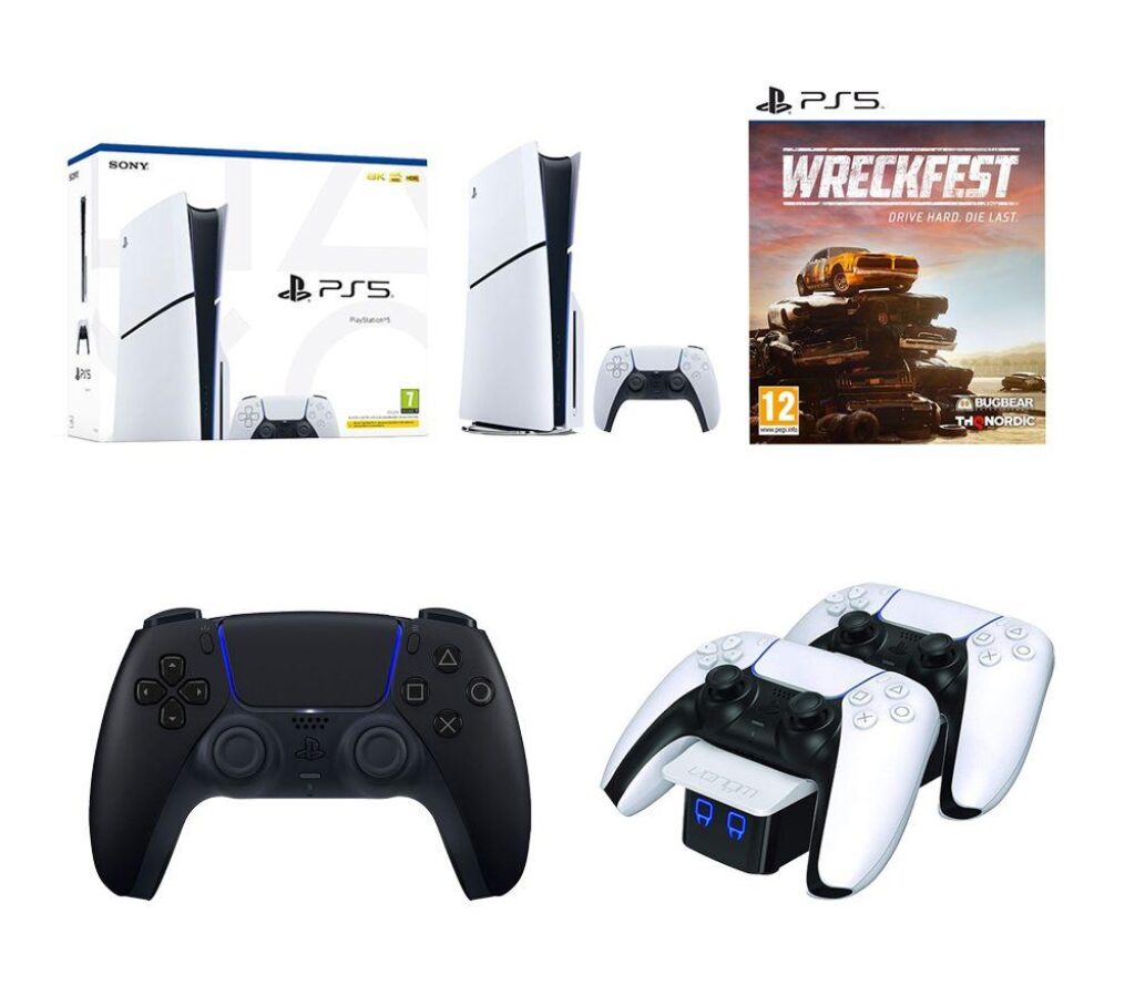 Sony PlayStation 5 Model Group (Slim), PS5 DualSense Wireless Controller (Midnight Black), Venom VS5001 PlayStation 5 Twin Docking Station (White) & Wreckfest (PS5) Bundle, White