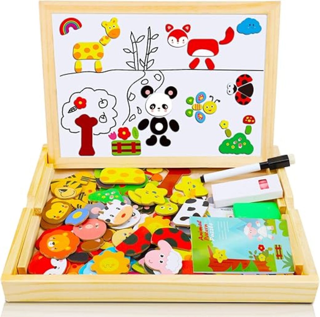 COOLJOY 100+ PCS Wooden Magnetic Puzzle, Magnetic Puzzle Board, Cute Pets Pattern Games Double Sided Jigsaw, Educational Drawing Easel Blackboard Wood Toys For Kids Up 3 Years Old Imagination