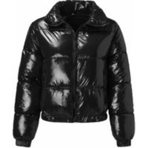 Black Women's Shiny Metallic Cropped Down Jacket - 5 Sizes