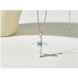 Sterling Silver 5A Zircon & Opal Cross Pendant Necklace - Adjustable Chain