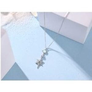 Luxury Silver-Tone Star Pendant Necklace with 5MM Synthetic Opal & 5A Zircon Stones - Adjustable Chain | Wowcher