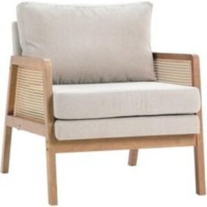 Cushioned Wooden Armchair with Light Grey Upholstery - Caned Sides & Solid Construction | Wowcher