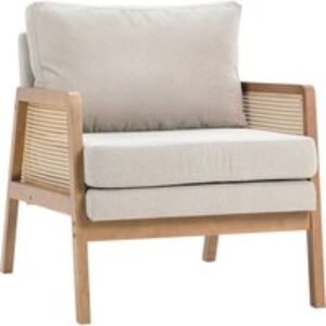 Grey Cushioned Armchair with Caned Sides and Solid Wooden Frame | Wowcher