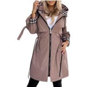 Black   Women's Hooded Plaid Mid Length Trench Coat! | Wowcher