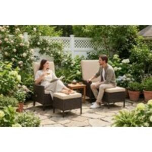 PRICE DROP! Outsunny 5-Piece Reclining Rattan Garden Set - Weather-Resistant Khaki Outdoor Sofa Suite with Footstools & Coffee Table | Wowcher