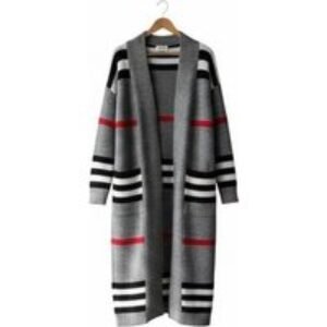 Black   Women's Long Striped Loose Knit Cardigan - Trendy & Versatile Style | Wowcher