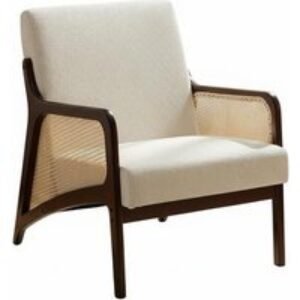 Beige Corduroy Armchair Featuring Stylish Rattan Armrests and Wood Frame | Wowcher