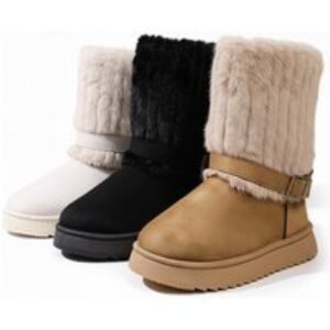Unisex Black Fold Over Furry Snow Boots with Thick Sole and Buckle Flair | Wowcher