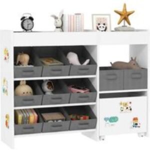 Kids Modular Storage Unit with 11 Fabric Bins & Shelves - White MDF