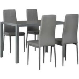 5pc Grey Glass Dining Table Set with 4 Faux Leather Chairs - Modern Metal Frame