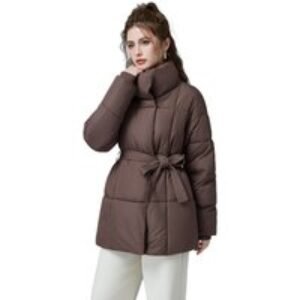 Black Women's Mid-Length Quilted Jacket with a Belted Waist - Stand Collar