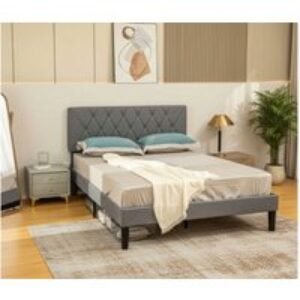 Grey Linen Double Bed Frame with Adjustable Headboard & Under-Bed Storage | Wowcher
