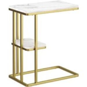 Slim C-Shaped 2-Tier End Table - White Marble Effect
