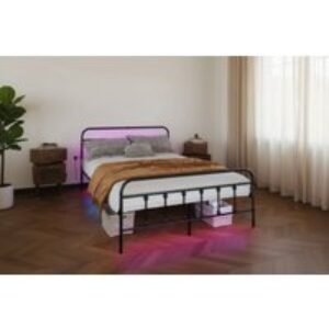 LED Double Bed Frame with Charging Ports - Black Metal