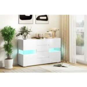High Gloss White LED Light Sideboard - MDF Storage Cabinet with Soft-Close Doors & Drawers | Wowcher