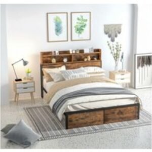 PRICE DROP! King Size Metal Bed Frame with Storage Headboard - Industrial Rustic Brown