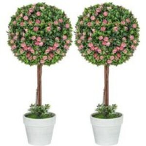 PRICE DROP! Set of 2 Faux Ball Topiary Trees with Roses - 60cm UV-Resistant Decorative Artificial Plants | Wowcher