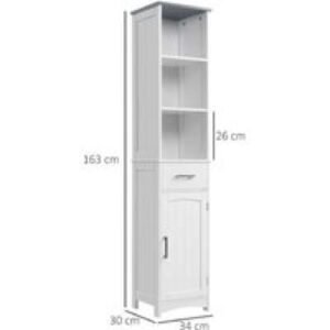 Tall Freestanding Bathroom Storage Tower - MDF Slimline Cabinet with Drawer & Shelves - Modern White 163cm | Wowcher
