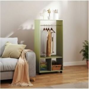 Green Rolling Open Wardrobe with Shelves & Aluminium Rail - Particle Board