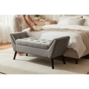 Grey Velvet Upholstered Tufted Bench with Raised Arms - Button Details & Classic Design | Wowcher