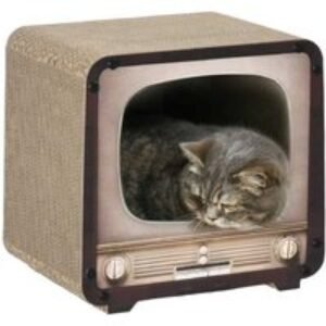 2-in-1 Corrugated Cardboard Cat House & Scratcher with Catnip - Vintage TV Style