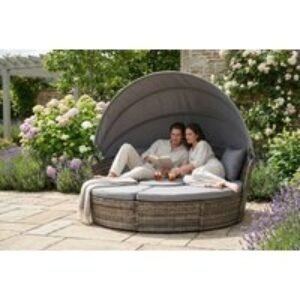 Grey Rattan Round Sofa Bed Patio Set with Coffee Table - Weather-Resistant