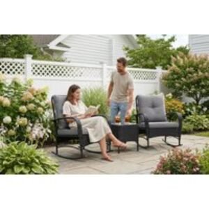 Three-Piece Rattan Rocking Bistro Set - Weather-Resistant Outdoor Garden Furniture | Wowcher