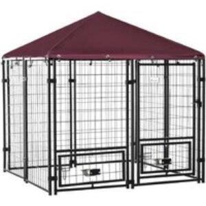 Heavy-Duty Outdoor Dog Kennel with UV Cover & Rotating Bowls - Secure Enclosure for Small/Medium Breeds (Red Roof) | Wowcher