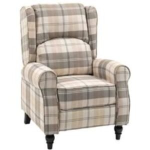 Khaki Checked Linen Push Back Recliner Armchair - Padded Seat