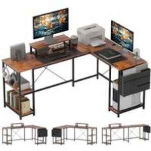 168cm Rustic Brown L-Shaped Corner Desk with Storage Shelves - Modular Home Office Table | Wowcher