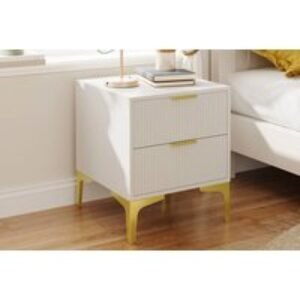 Modern White Vertical-Striped Bedside Table with Gold Legs and Drawers | Wowcher