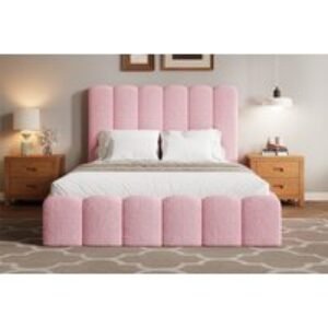 Bouclé Ottoman Bed Frame with Gas Lift and Padded Headrest Comfort | Wowcher