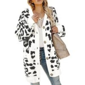 Unisex Black Long Sleeve Leopard Print Cardigan Coat - Polyester Blend