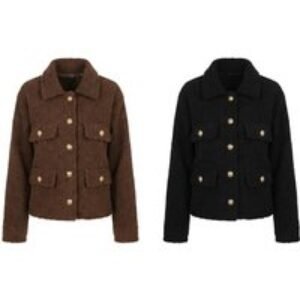 Unisex Black Solid Colour Collared Button-Decorated Plush Coat - 2 Sizes & 2 Colours | Wowcher