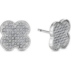 Rhodium Plated Clover Crystal Stud Earrings - Silver Finish