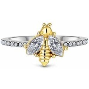 Diamond Style Rhodium Plated Bee Statement Ring - Yellow Gold Accent