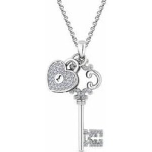 Rhodium Plated Lock & Key Pendant Necklace with Crystal Heart - Adjustable Silver Chain | Wowcher
