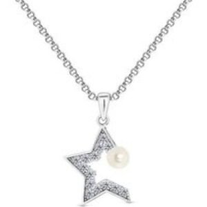 Rhodium Plated Star Pearl Pendant Necklace - Adjustable Crystal Accent Chain | Wowcher