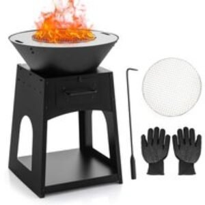 Heavy Duty 2-in-1 Fire Pit Grill with Firewood Rack & Fire Poker | Wowcher