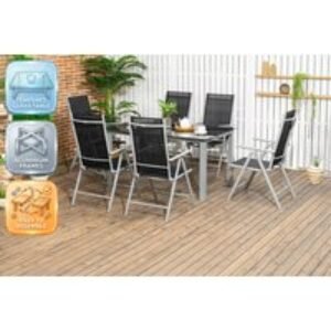 Outsunny 7-Piece Black Garden Dining Set with Reclining Folding Chairs