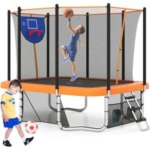 317 x 255 cm Rectangle Outdoor Trampoline with Basketball Hoop & Goal - 3 Colours | Wowcher