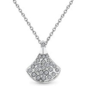 Diamond Style Rhodium Plated Crystal Fan Pendant Necklace - Adjustable Silver Chain