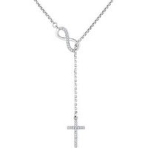Rhodium Plated Infinity Lariat Necklace with Crystals - Adjustable Silver Chain