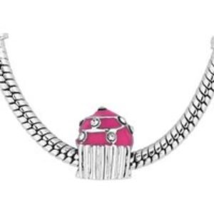 Silver-Tone Fuchsia Pink Cupcake Charm Bracelet - Crystal Accents