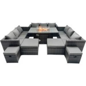 13-Seater Modern Rattan Fire Pit Dining Set with 4 Footstools - Weather-Resistant Outdoor Furniture | Wowcher