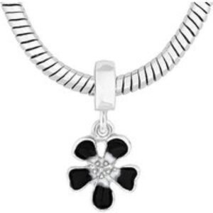 Rhodium Silver Plated Charm Bracelet with Black Glass & Crystal Accents - Diamond Style London