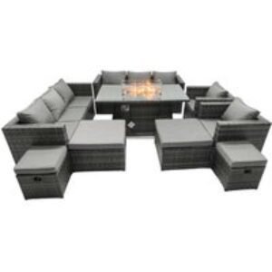 12-Seater Dark Grey Rattan Fire Pit Dining Set with Footstools - Outdoor Weather-Resistant Garden Furniture | Wowcher