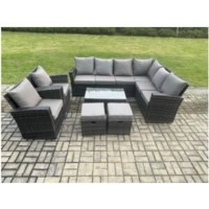 Dark Grey 10-Seater PE Rattan Corner Dining Set with Rectangular Coffee Table - Weather-Resistant Garden Furniture | Wowcher