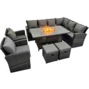 Dark Grey Rattan Corner Dining Set with Gas Fire Pit Table - Weather-Resistant