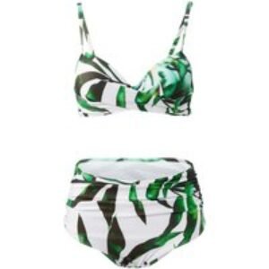Black Women's High-Waisted 2-Piece Swimsuit Set with Leaf Print Pattern | Wowcher